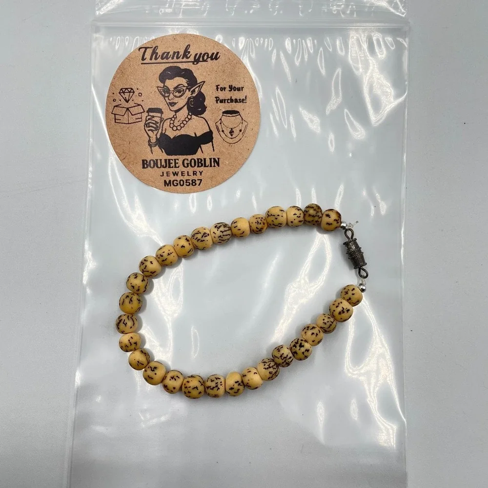 Vintage Boho Cream Bodhi Seed Beaded Strand Bracelet Earthy Hippie Y2K Classic